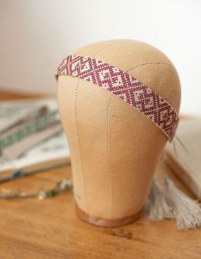 Bandeau pour cheveux "Lina" en lin brodé bordeaux